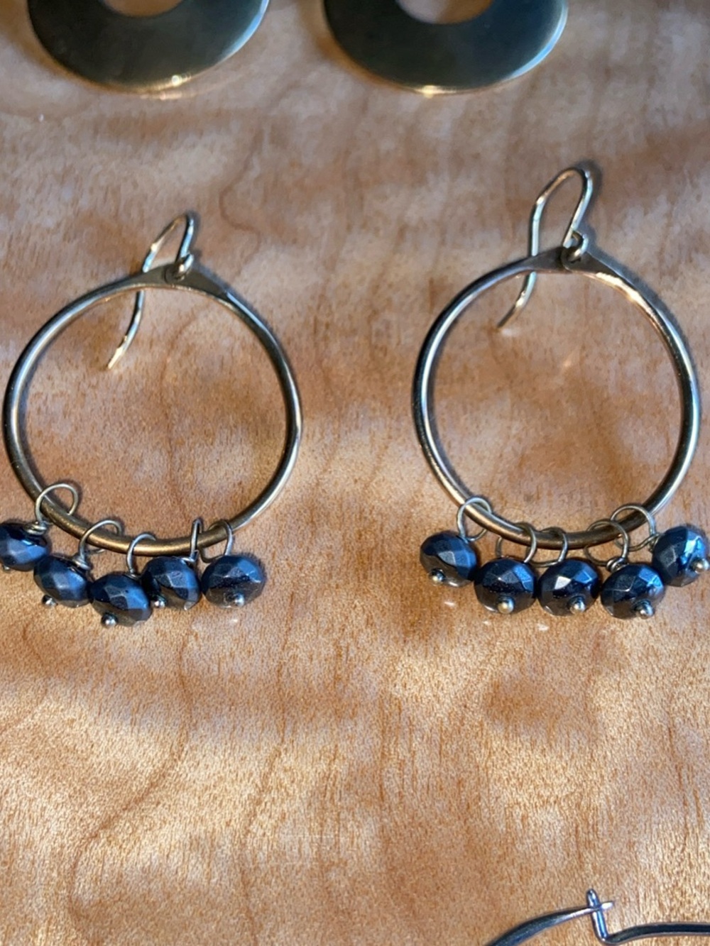 Nashelle Brass Hoop Earrings Hoops w/ Genuine Hematite Stone Beads